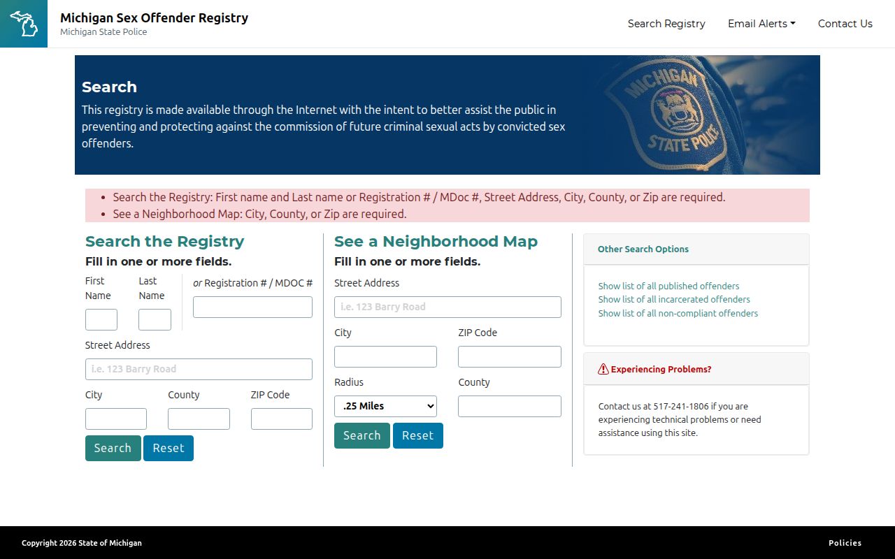 Garden City resident lookup Michigan PSOR name and geography search