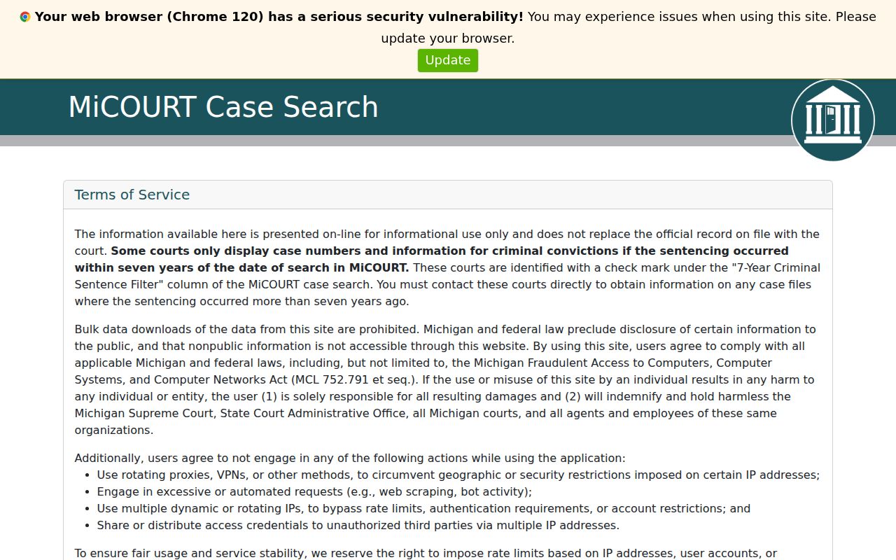 Garden City resident lookup MiCOURT public case-search screen